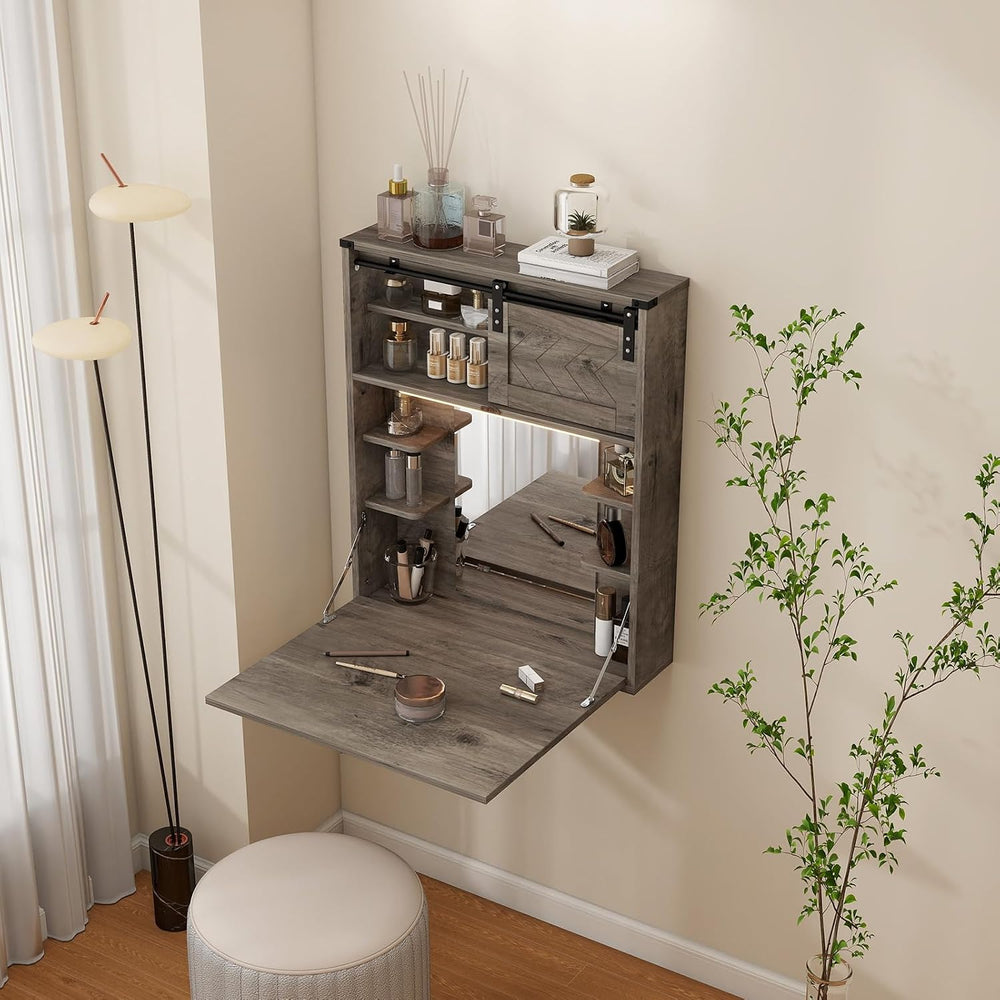 ARTETHYS Floating Vanity Desk with Mirror and Lights Small Wall Mounted Makeu...