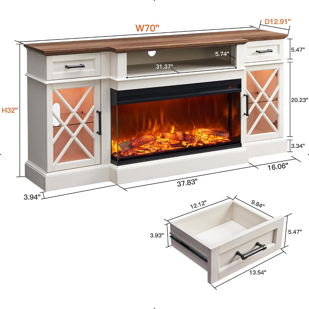 OKD Farmhouse TV Stand with Fireplace, 70'' Entertainment Center Stan...