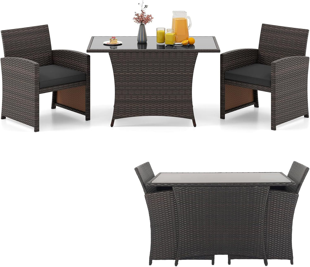 Tangkula 3 Piece Patio Wicker Dining Set, 2 Rattan Chairs with Rectangle Temp...
