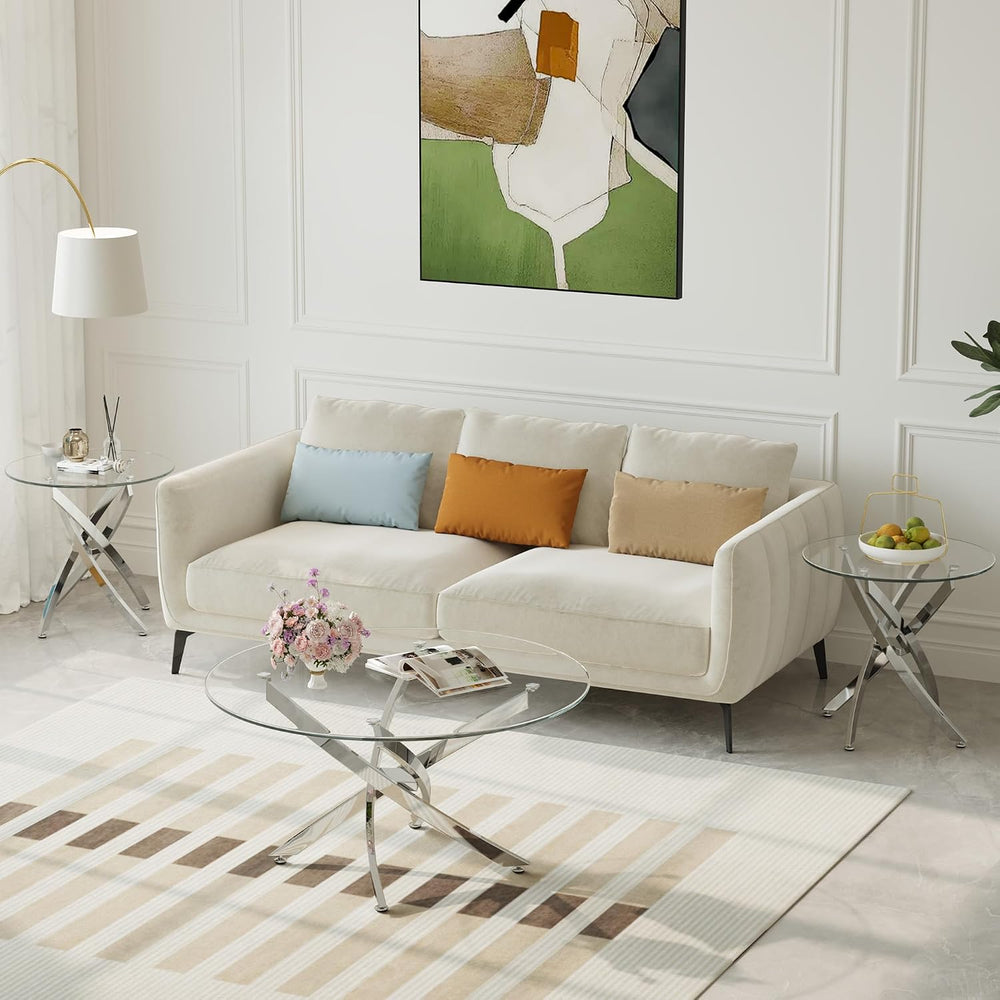 Round Glass Coffee Table Set with 1 Coffee & 1 End Table, Modern Living R...