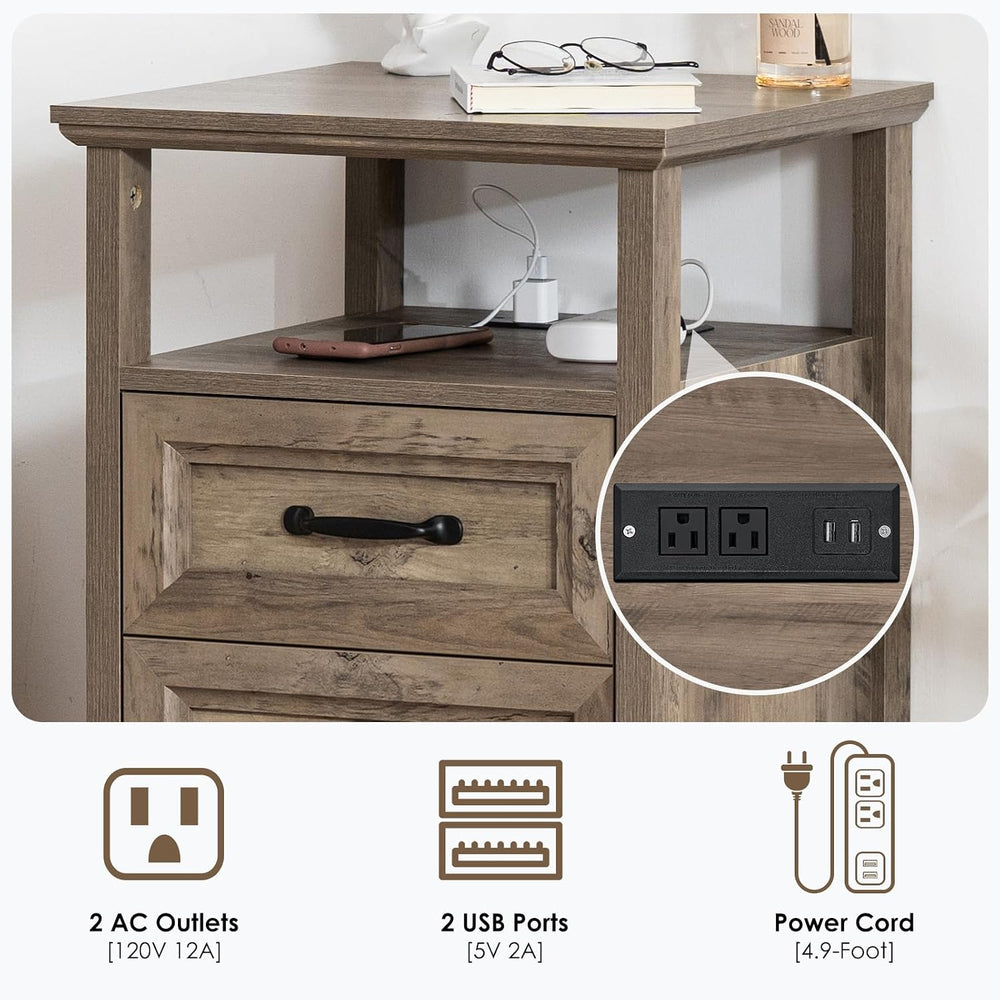 HOMMPA 18'' W Farmhouse Nightstand with Charging Station, Bedside Tab...