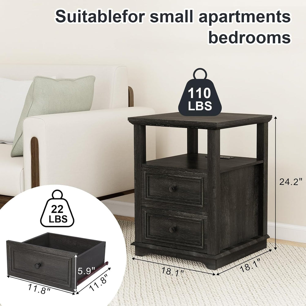 MUUEGM Farmhouse Nightstand 18” Brown End Table with Charging Station Rustic ...