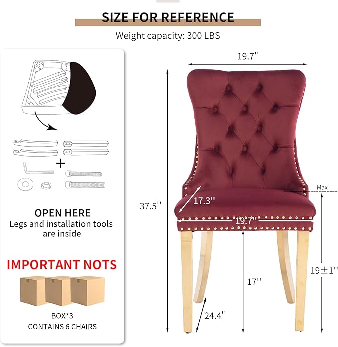 Mid Century Modern Dining Chairs Set of 6, Red Velvet Upholstered Tufted Back...