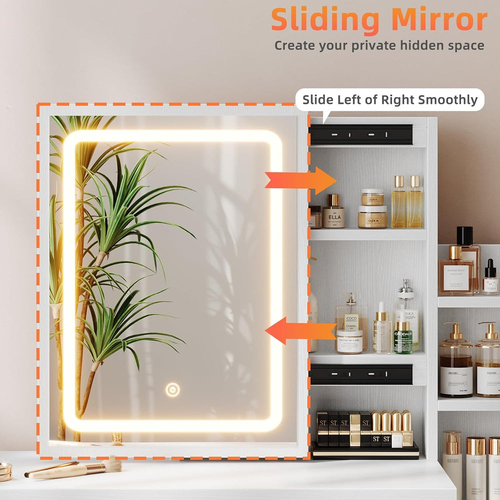 Memobarco White Makeup Vanity Desk with Sliding Mirror & 4 Drawers | Smar...