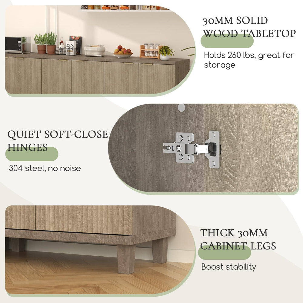 Fluted Buffet Cabinet with Storage, 3 in1 Storage Cabinet with Adjustable She...