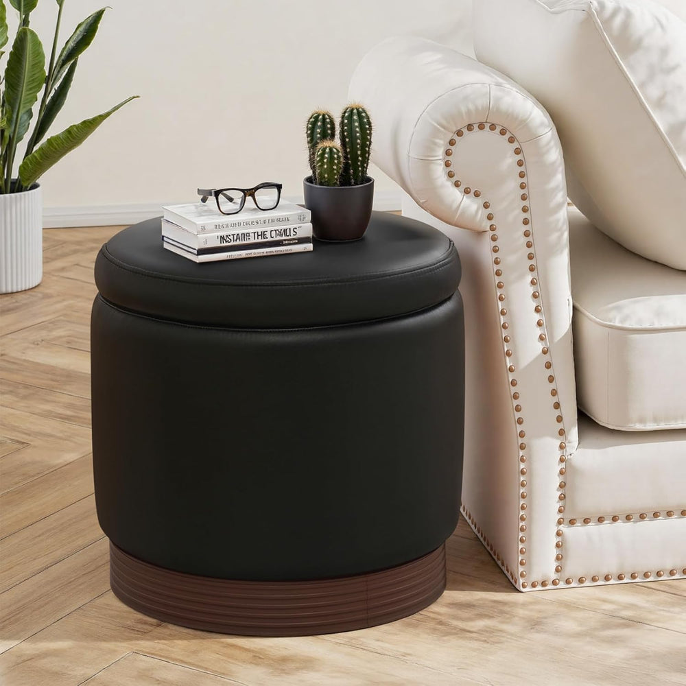 19" Round Swivel Storage Ottoman with Tray Top, Upholstered Faux Leather...