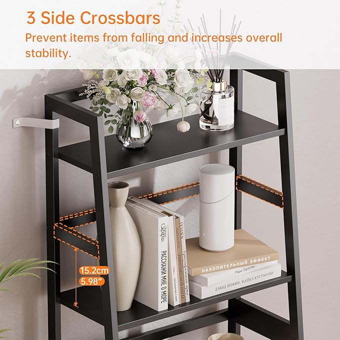 HITNET Ladder Shelf Black, 4-Tier Bookshelf, Freestanding Bathroom Storage Ra...