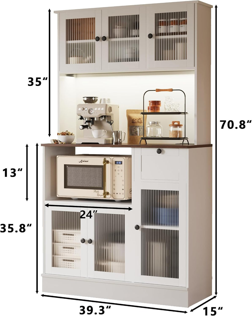 71" Kitchen Hutch Cabinet, White and Walnut Tabletop | for Living & ...