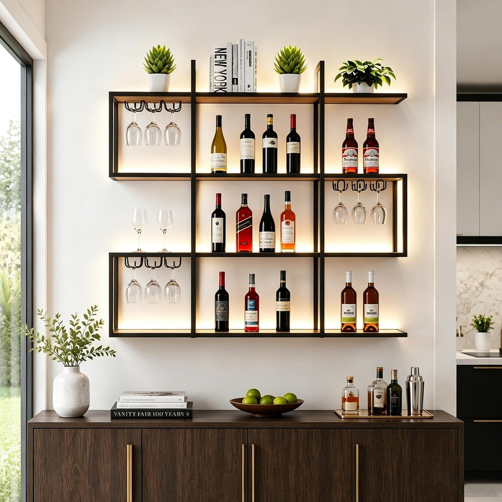 4-Tier Wall Mounted Wine Rack with LED Light, Glass Holder (120cm/47.3in) | 2...