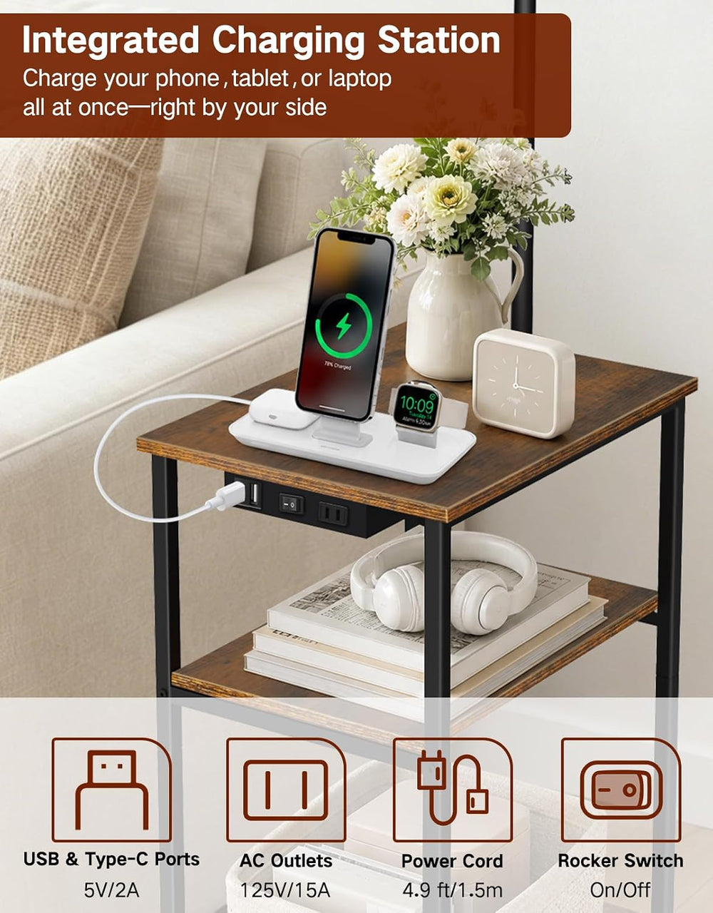Floor Lamp with Side Table & Charging Station, End Table with 3 Color Tem...