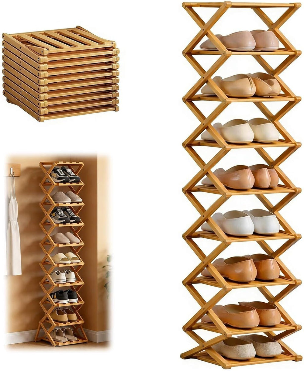 9 Tier Bamboo Shoe Rack, Heavy Duty Foldable Shelf Needing No Setup | Versati...