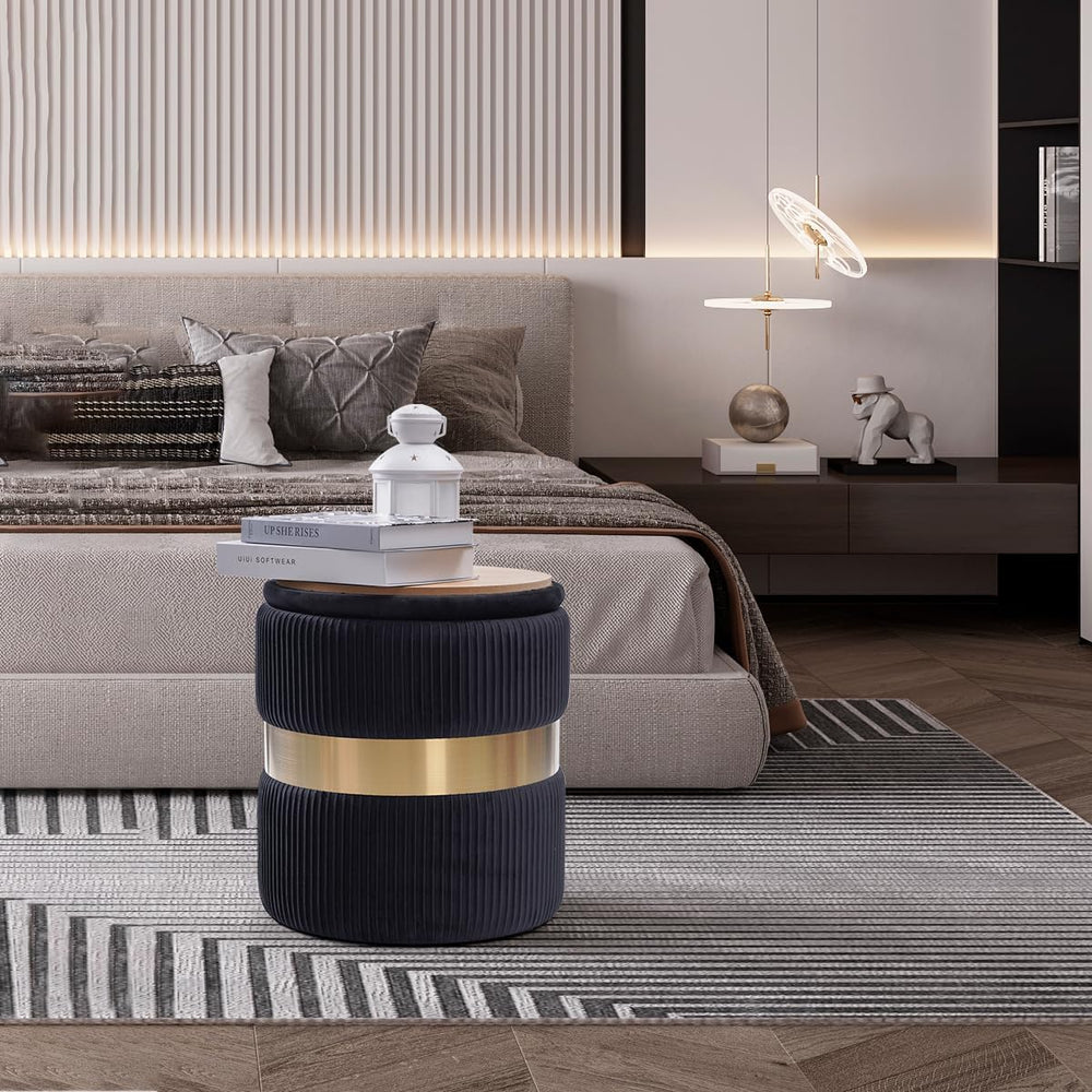 Round Velvet Storage Ottoman with Removable Lid Set of 2, Upholstered Footres...