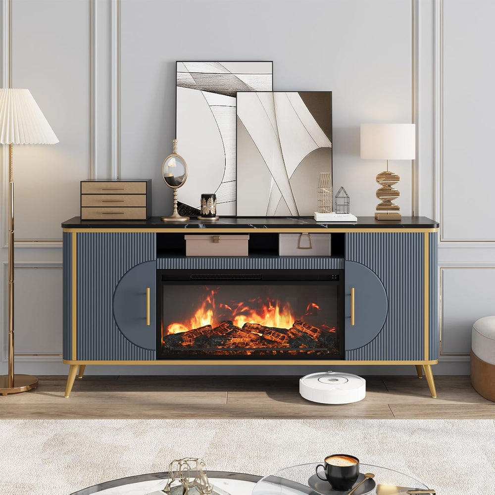 Fluted Fireplace TV Stand Up to 80" TVs, Modern Entertainment Center wit...