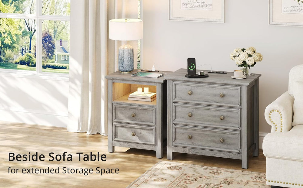 LGHM Set of 2 Large Nightstand with Charger Station, 27" W Night Stand w...