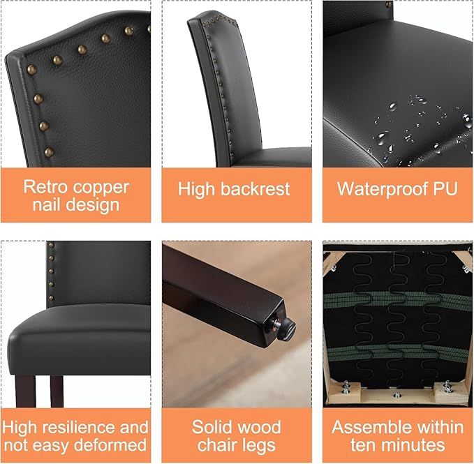 LSSBOUGHT PU Dining Chair Set of 4 Upholstered Parsons Kitchen Chair with Cop...