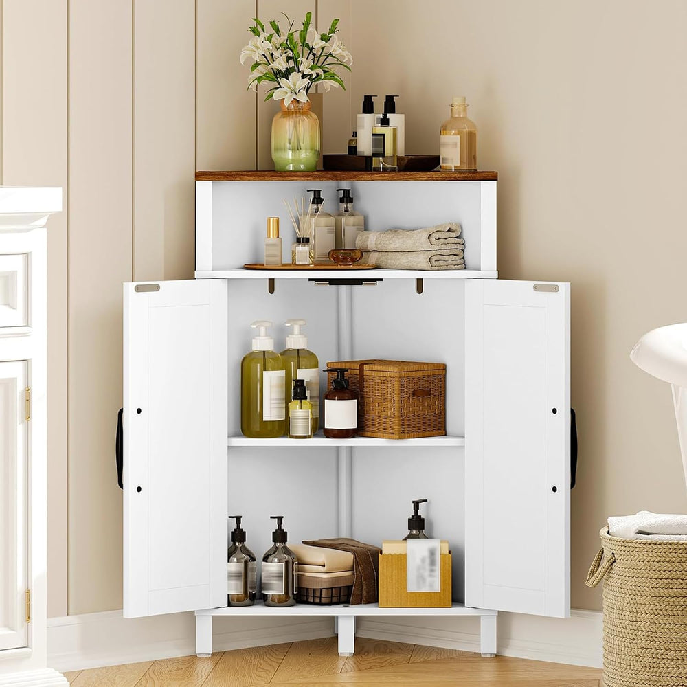 Farmhouse-Style Corner Cabinet, Corner Shelf with Open Storage, Double-Door S...