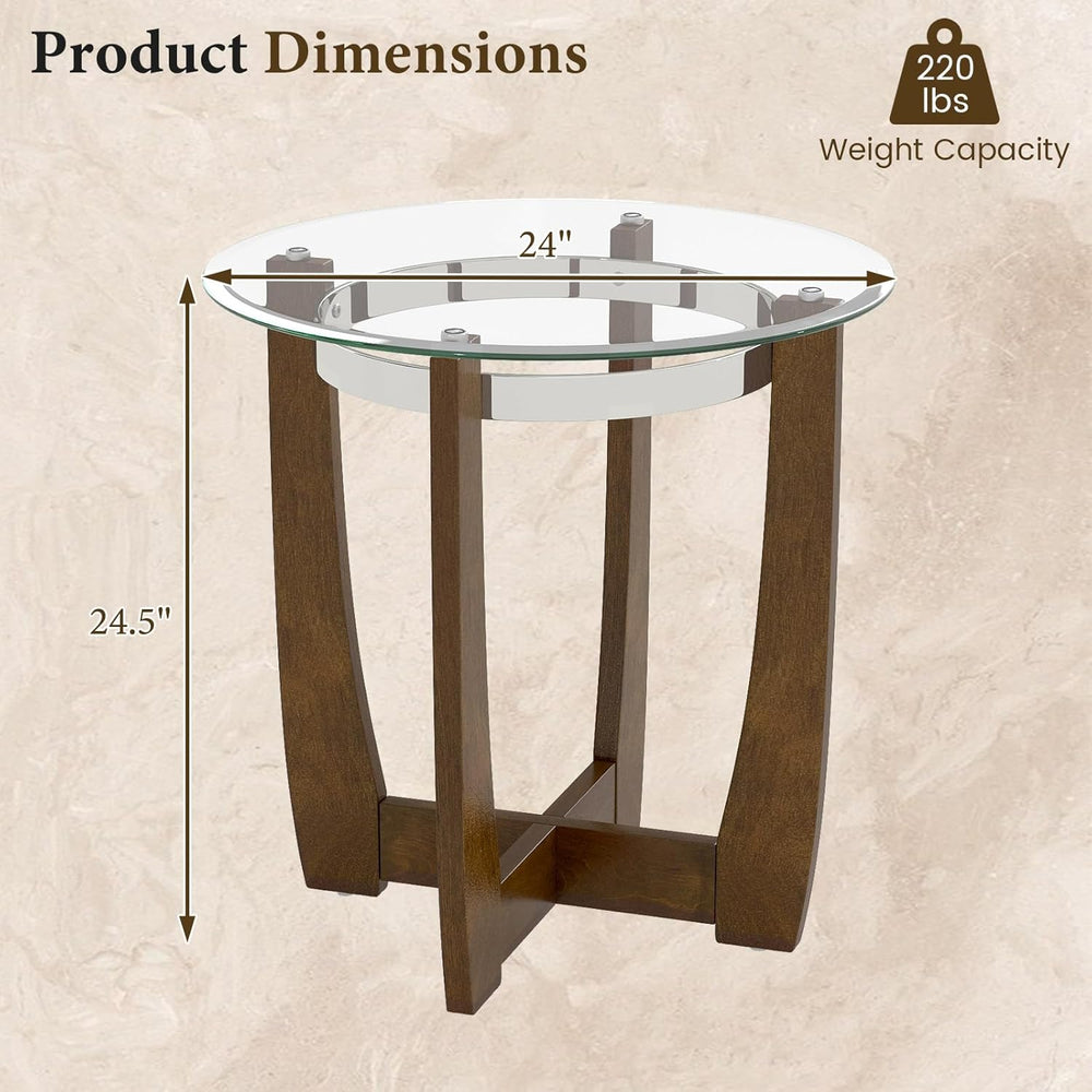 GOFLAME Glass End Table, 24” Round Sofa Side Table with Solid Rubber Wood Fra...