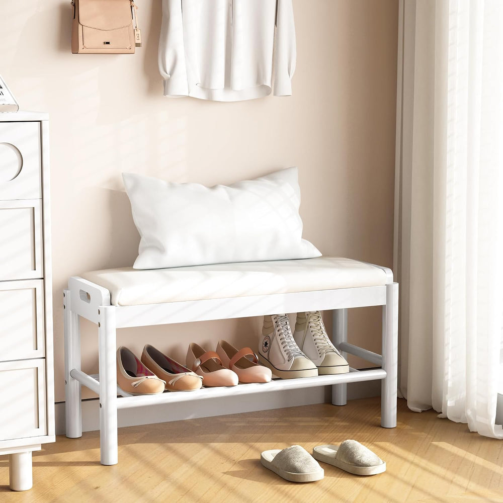Shoe Storage Bench with Cushion - 2 Tier Shoe Rack for Front Door Entrance, W...