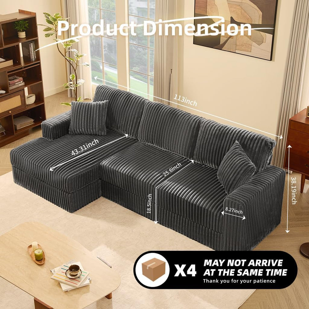 GOSUHI 113" L-Shaped Cloud Couch, Modular Sectional, Deep Seats, Grey | ...
