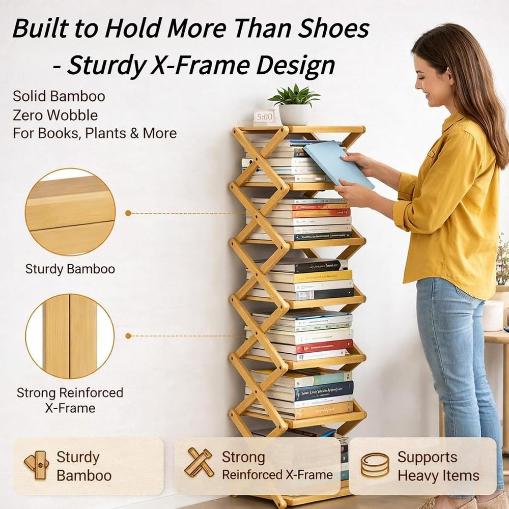 The 9-Tier No-Assembly Bamboo Rack, Folding Accordion Shoe Rack with Collapsi...