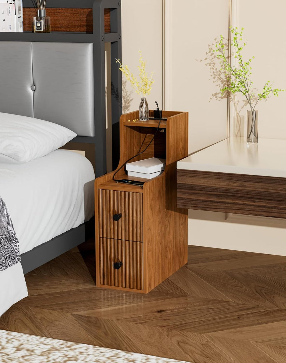 Narrow Side Table with Charging Station, Slim Nightstands with Storage Drawer...