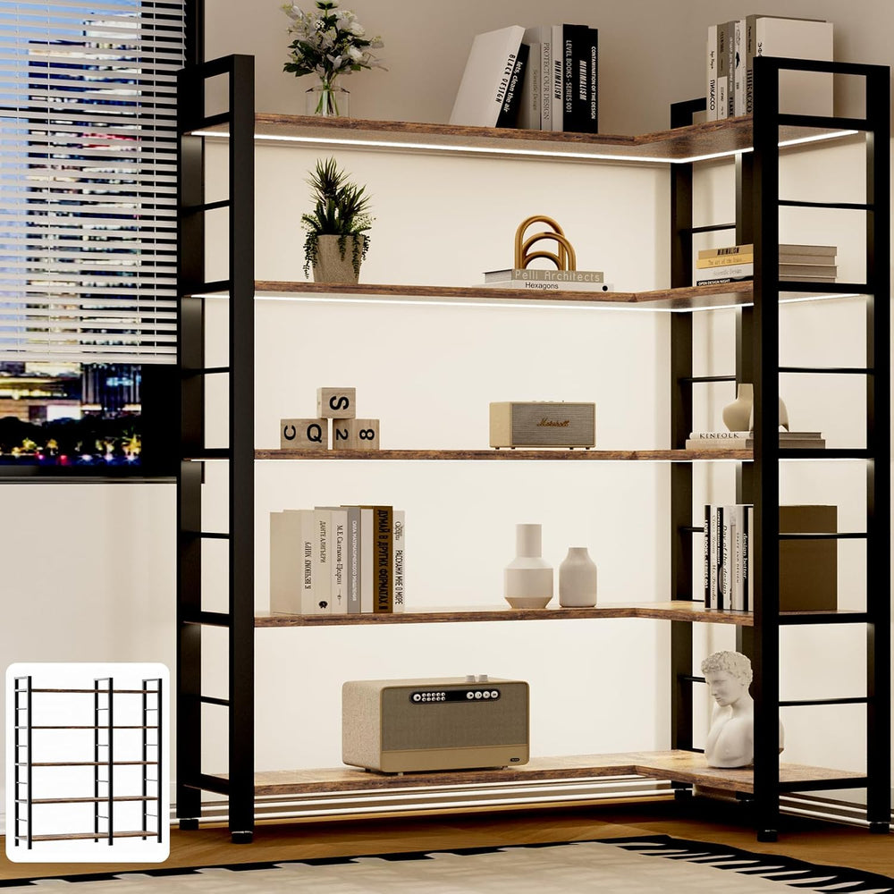 INNOD 65" X 50" Straight Wide 5 Tier Bookshelf with LED Light, L Sh...