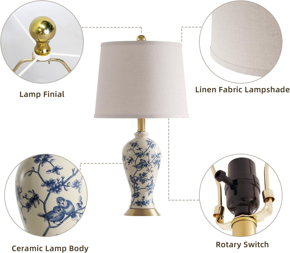RORIA 24" Chinoiserie Modern Ceramic Small Table Lamps Set of 2 for Bedroom