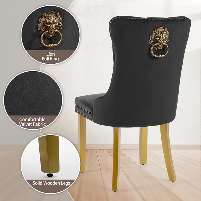 Velvet Dining Chairs Set of 6, Upholstered Dining Room Chairs with Lion Head ...
