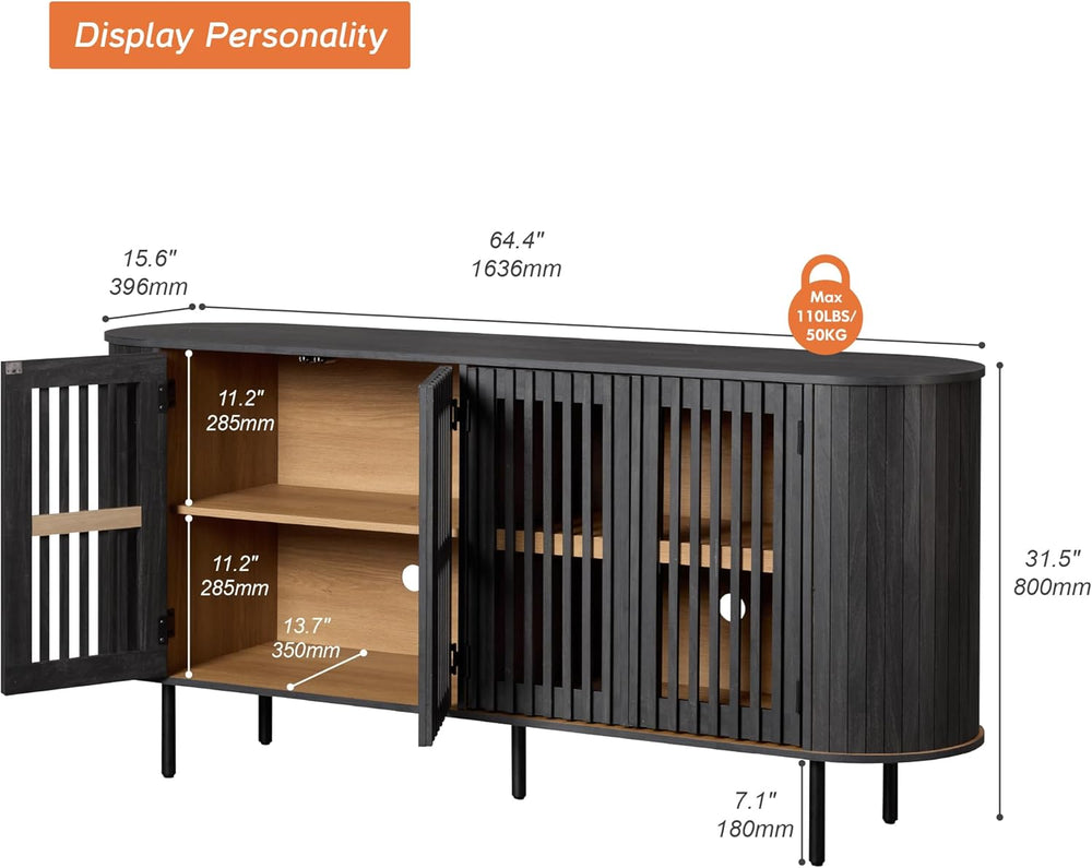 WAMPAT Fluted Sideboard Buffet Cabinet, 65" Mid Century Modern Credenza ...