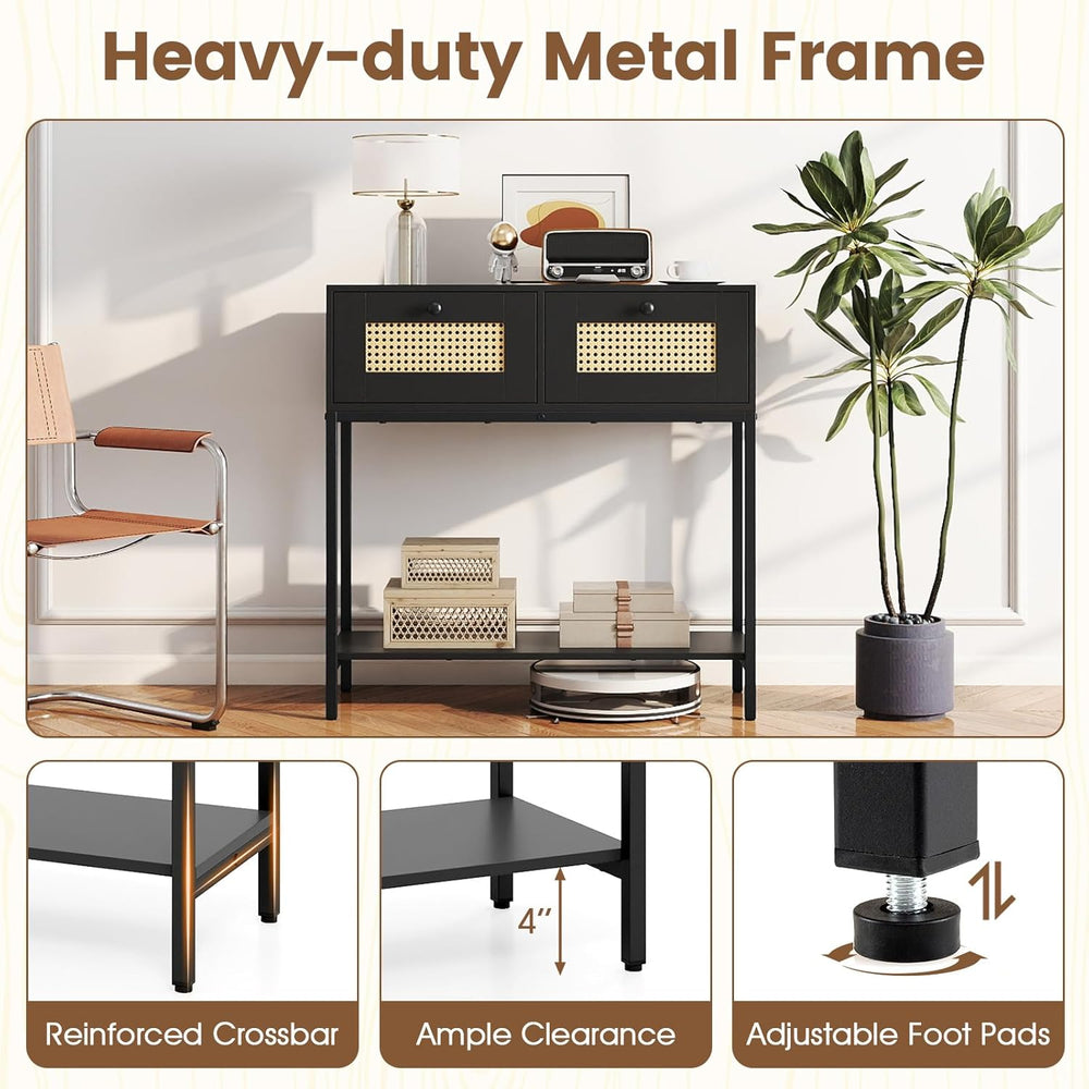 GOFLAME Rattan Console Table, Boho Entryway Table with 2 Drawers & Open S...