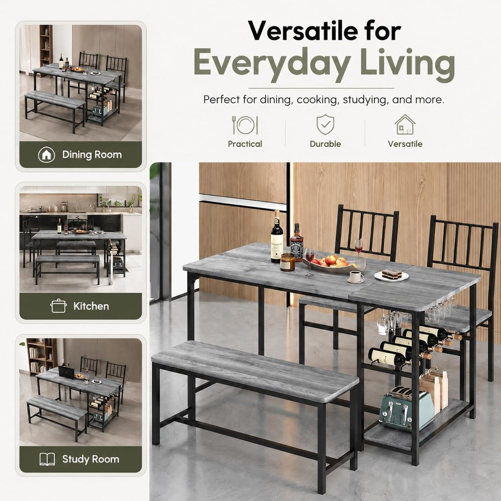 4 EVER WINNER 55-Inch Dining Table Set for 4 with Bench, Wine Rack, Grey | 4-...