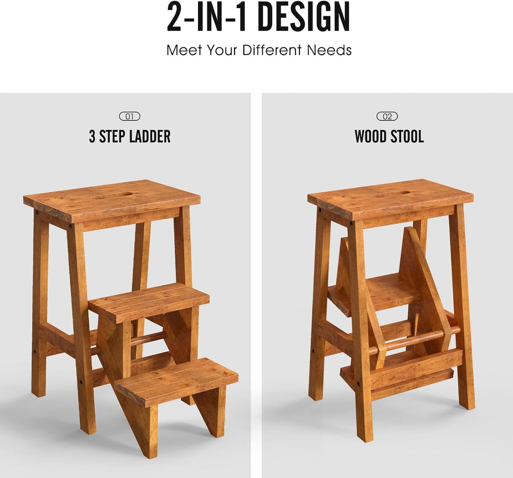 Giantex Folding 3 Tier Step Ladder, Multifunction 3-in-1 Wood Step Stool with...