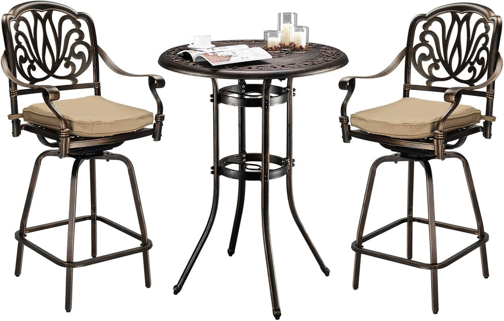 VINGLI 3 Piece Outdoor Bar Set, Cast Aluminum Outdoor Swivel Bar Stools and T...