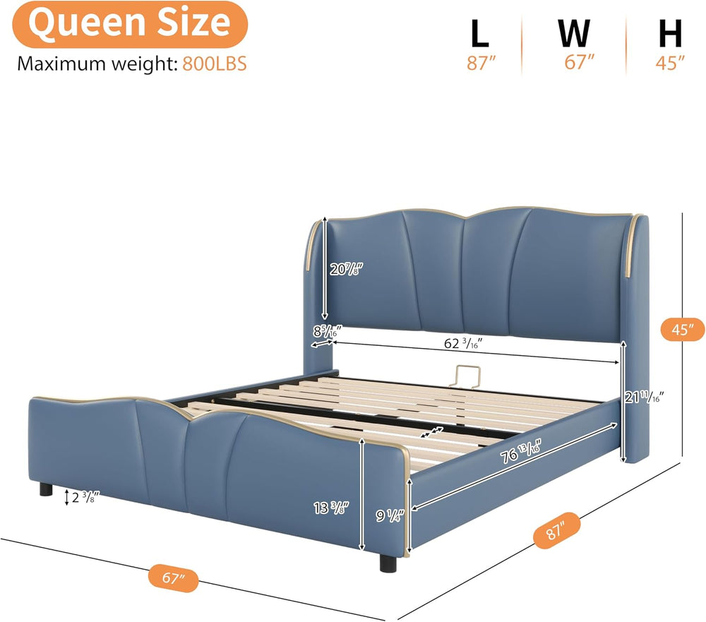Queen Size Bed Frame with Wingback Headboard, Modern Faux Leather Upholstered...