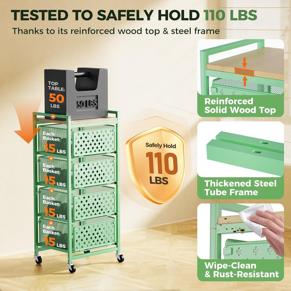 5 Tier Kitchen Storage Cart with Wheels, Utility Fruit Vegetable Storage Rack...