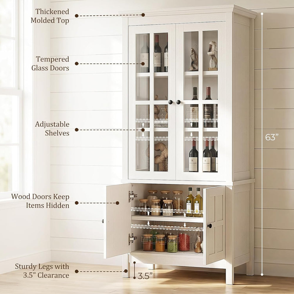 63" Kitchen Pantry Cabinet with Glass Doors & Hidden Storage, Farmho...