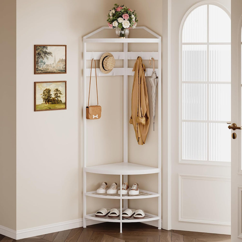 GiftGo Corner Hall Tree with Shoe Bench Entryway Coat Rack with 10 Metal Mova...