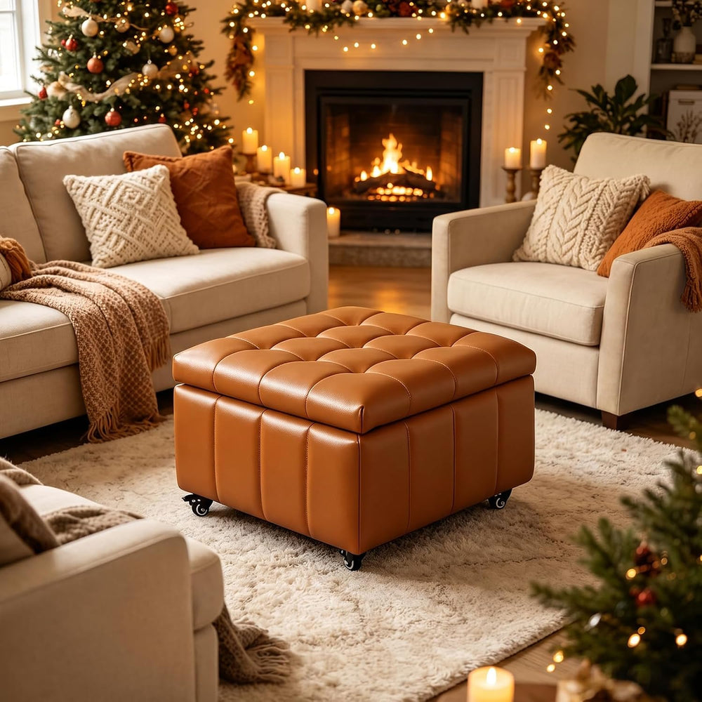 Square Leather Ottoman with Storage and Wheels,360°Rolling ottoman,Faux Leath...