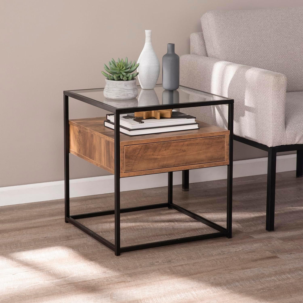 HomeStock Glass Top End Table with Drawer & Shelf - Industrial Accent Tab...