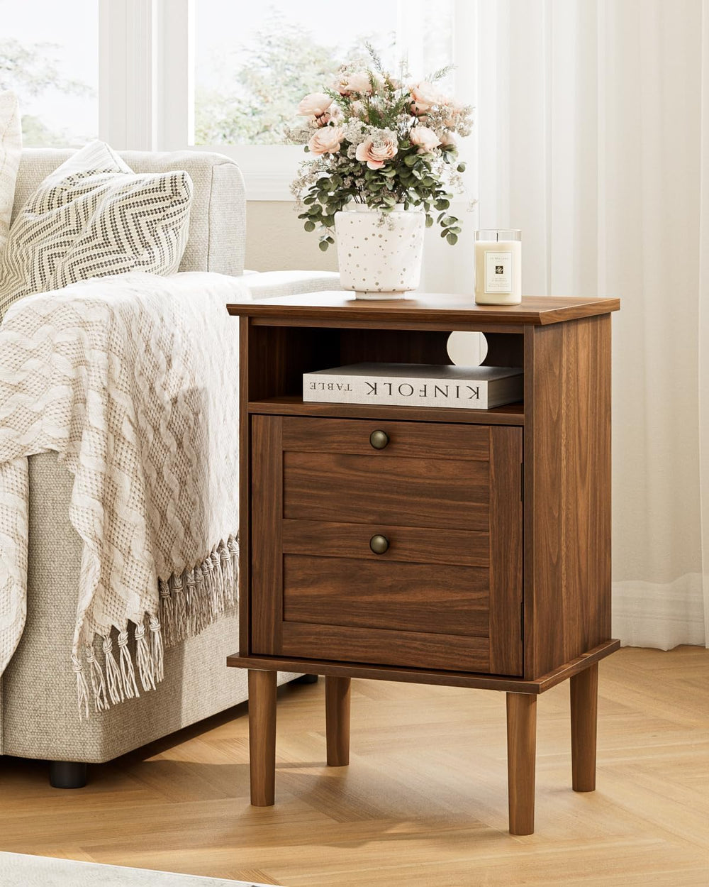 Nightstand, Boho Night Stand with 1 Drawer, Modern Side Accent Table with Ope...
