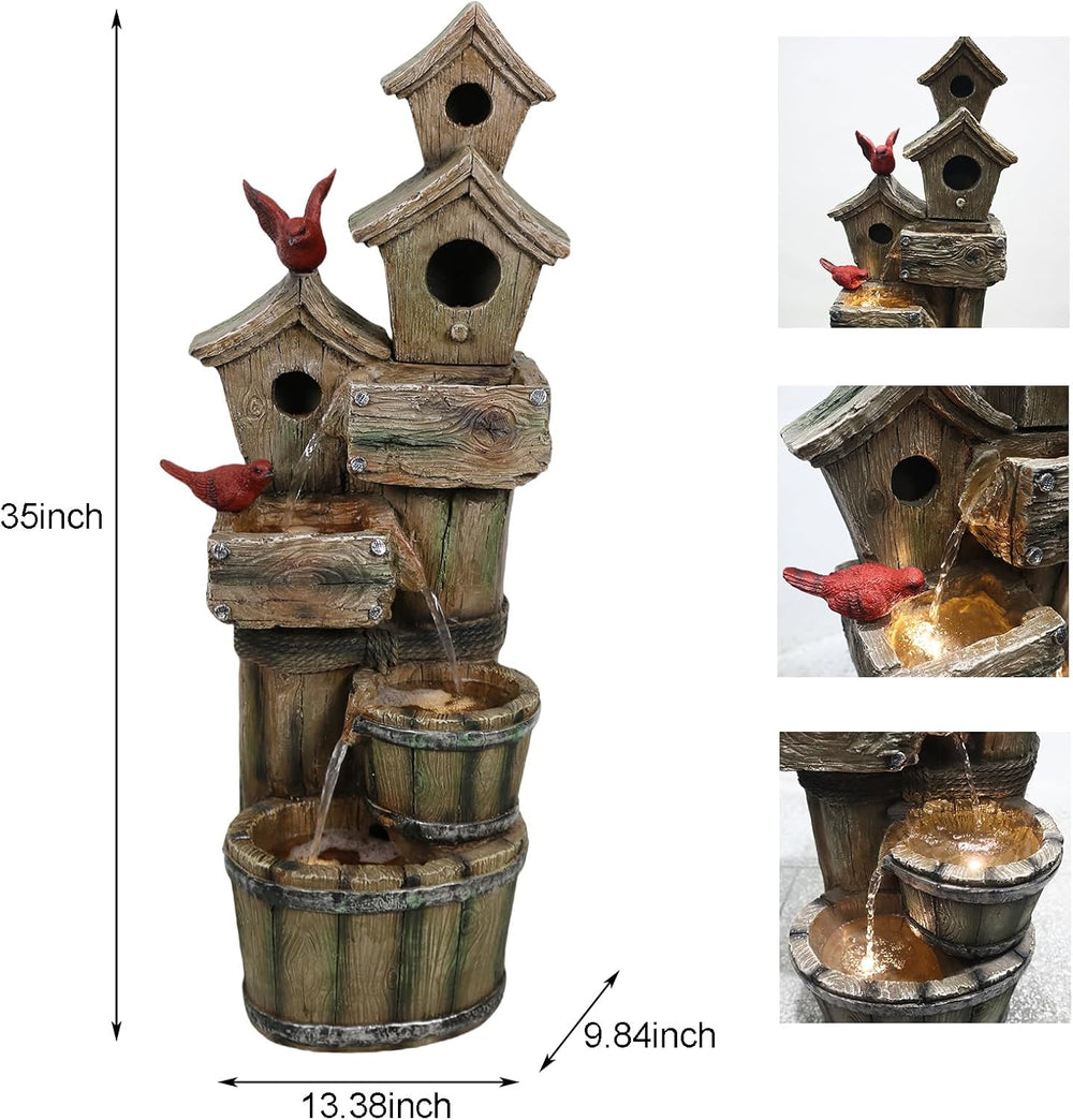 35" Tall Outdoor 4-Tier Birdhouse Floor Standing Water Fountain