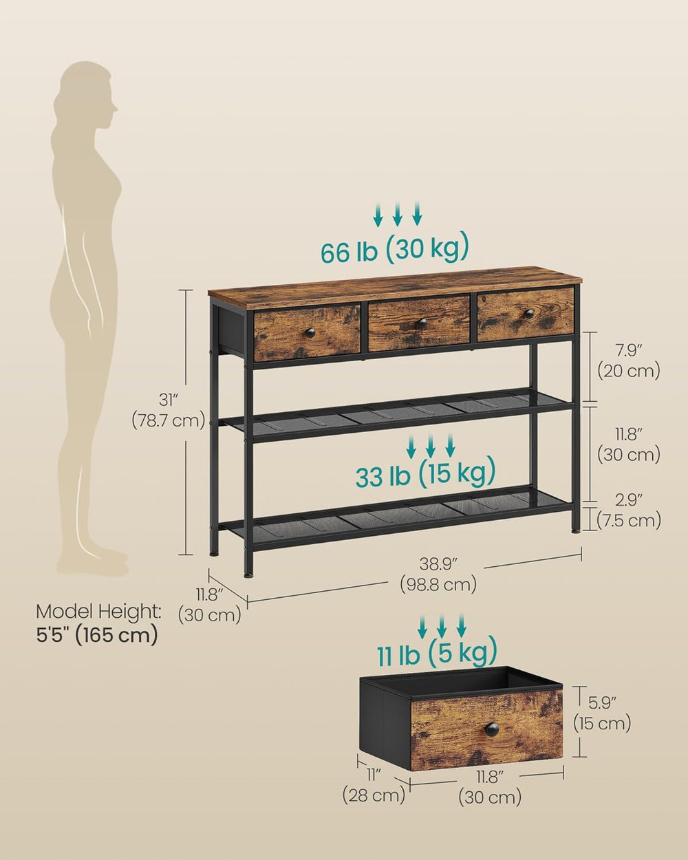 SONGMICS Console Table, Narrow Sofa Table with 2 Mesh Shelves | For Entryway,...