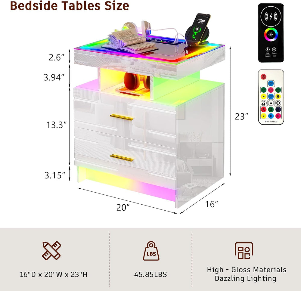 WOOVIVS Smart Nightstand with RGB Lights&Charging Station for Bedroom-White