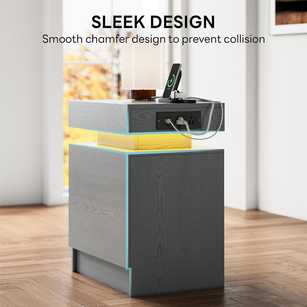 LIKIMIO Nightstand with Charging Station LED Light and 2 Drawers Grey | charg...