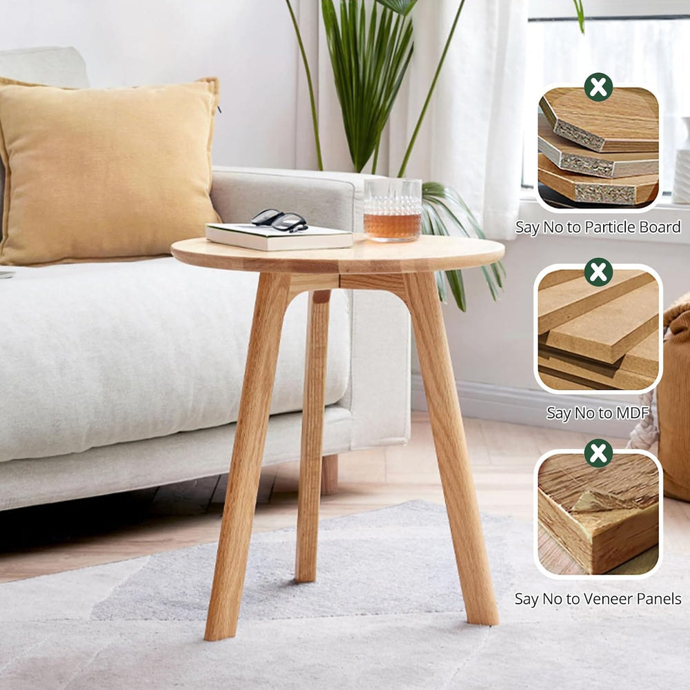 Solid Beech Oak Wood Side Table - Compact End Table with Detachable Cloth Poc...