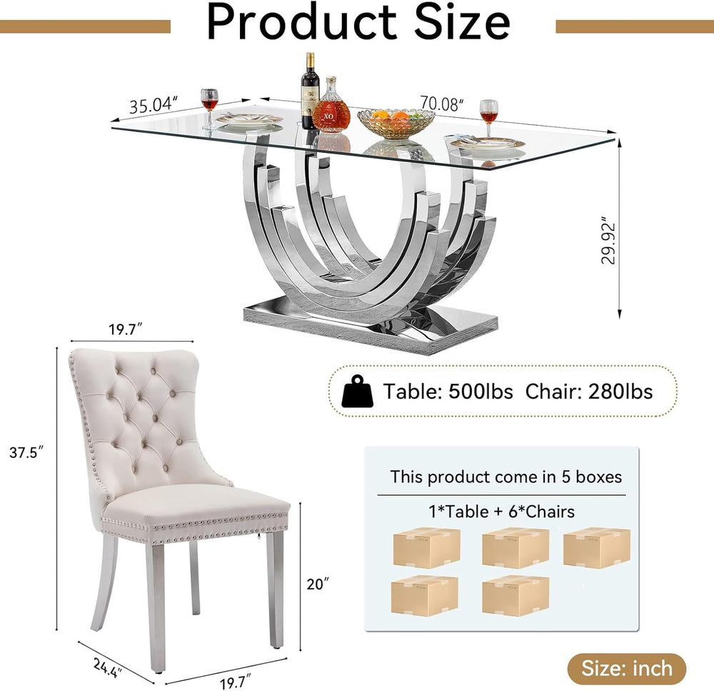 7 Piece Dining Table Set with 6 Beige Dining Chairs, Modern Glass Kitchen Tab...