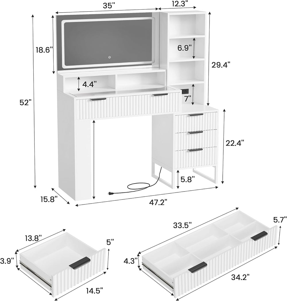 HAIOOU Fluted Makeup Vanity Desk with Mirror and Lights & Charging Statio...