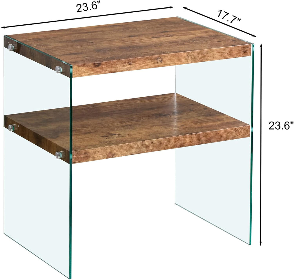 Glass Side Table Modern Design: Two-Tier Walnut MDF Frame & Tempered Glas...