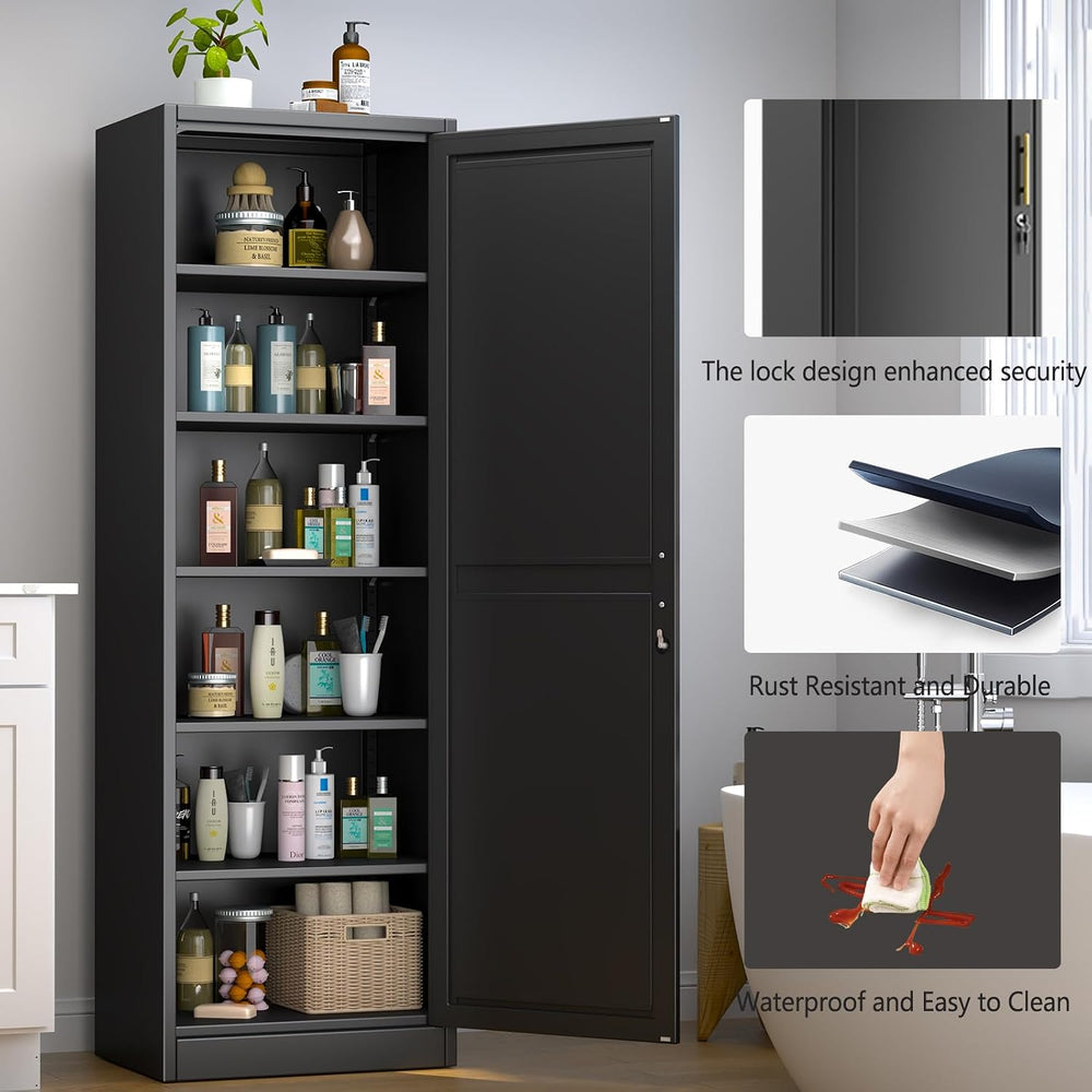 Metal Narrow Pantry Cabinet with Doors and Shelves, 67" H Tall Locker Ca...