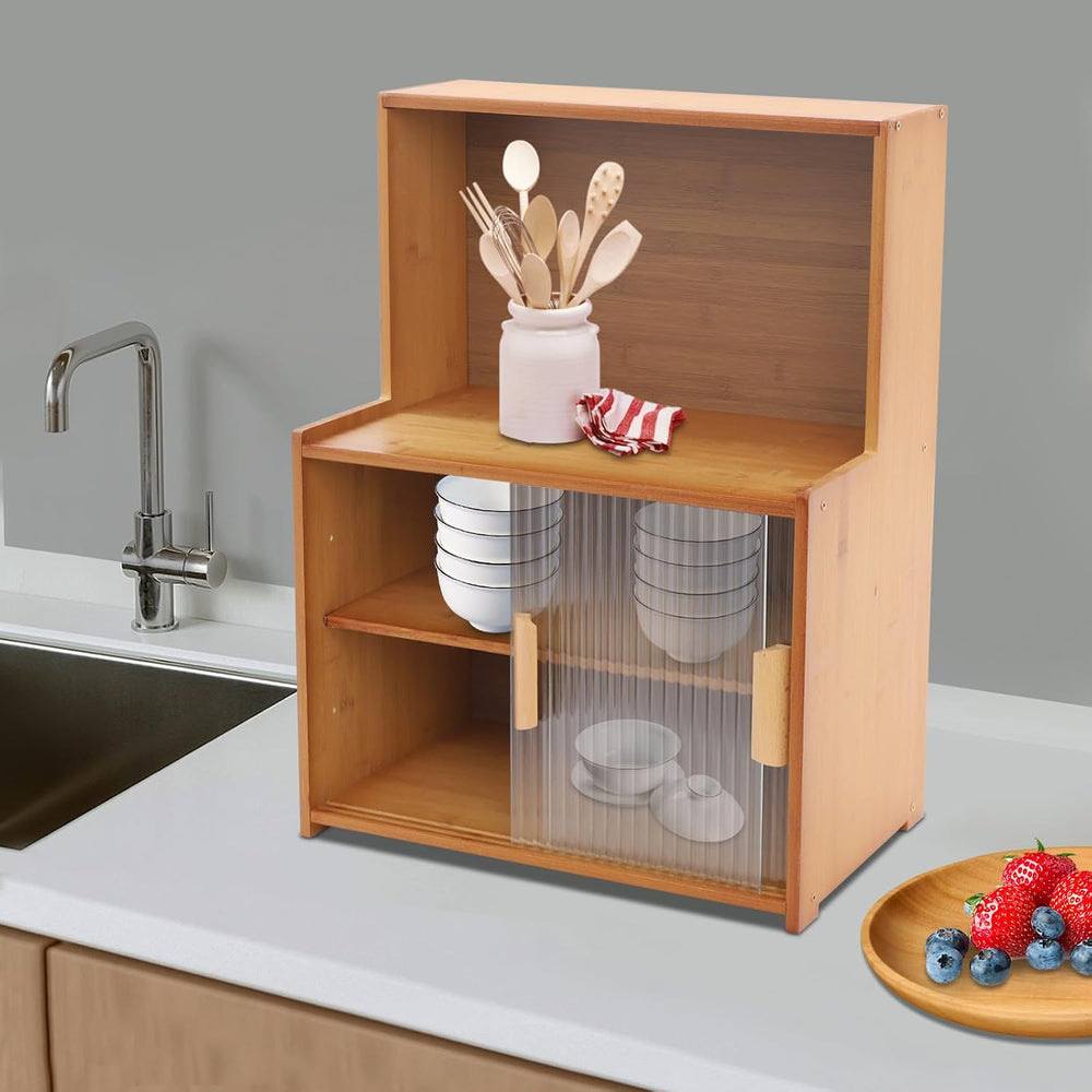 Kitchen Storage Cabinet with Sliding Doors, Bamboo Kitchen Pantry Sideboard, ...